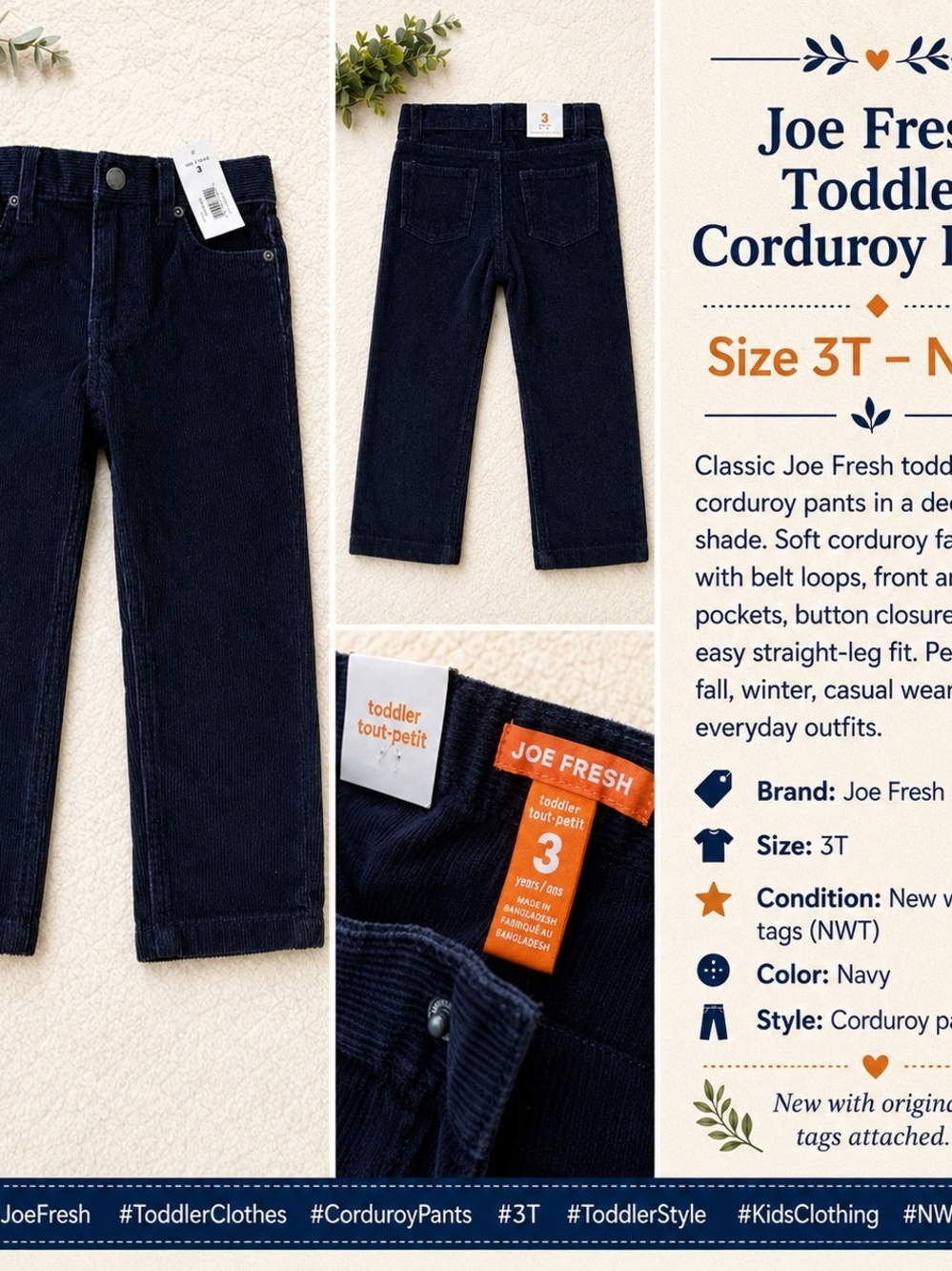 Joe Fresh Navy Corduroy Toddler Pants NWT 3T
